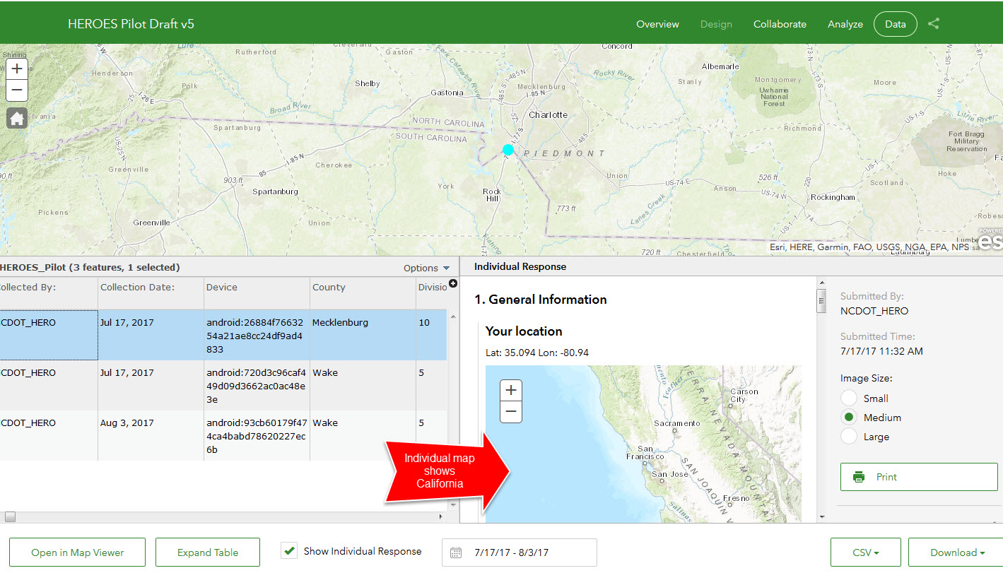 Issue showing Individual Response map defaulting to extents over California whereas all surveys are in NC