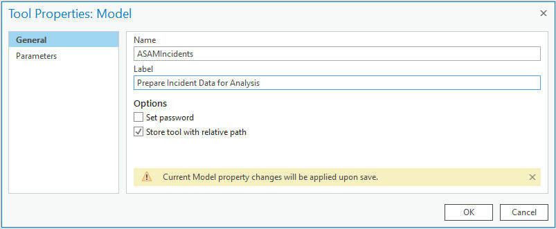 ArcGIS Pro model properties dialog box