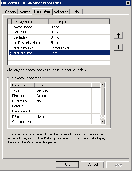 The properties window for the custom tool