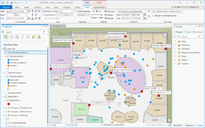 Time enabled device collection visualized by ArcGIS Pro.