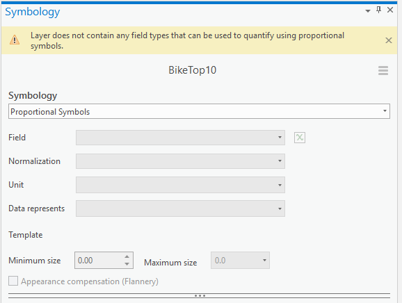 Layer does not contain any field types that can be used to quantify using proportional symbols
