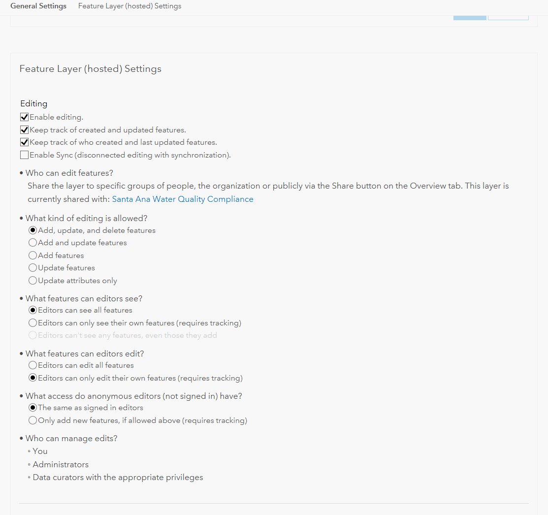 AGOL feature layer setting