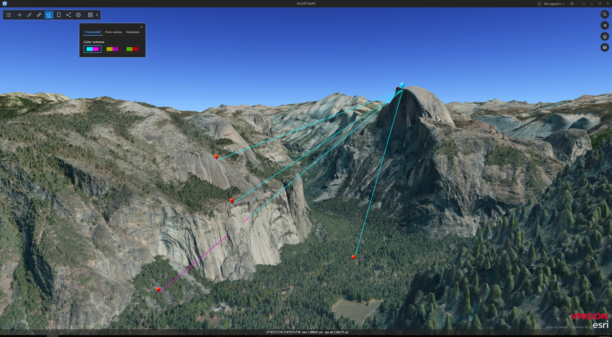 Using line of sight capability to analyze sight view near half dome, Yosemite national park. Imagery data from Esri partner Vricon.