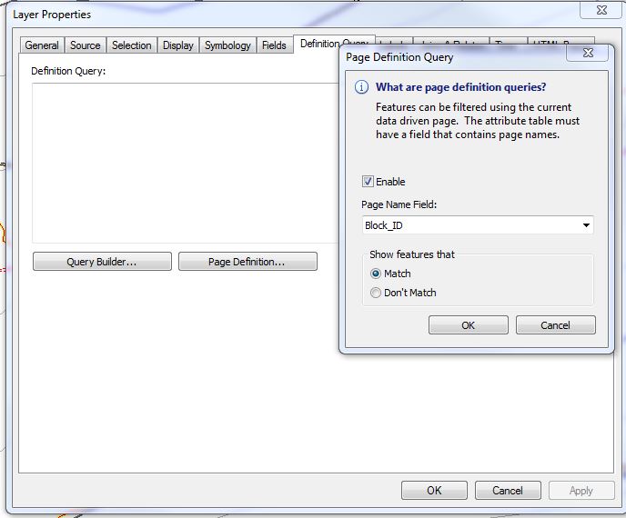 in the layer properties Definition Query tab, there is a "Page Definition" button visible when data driven pages are enabled.