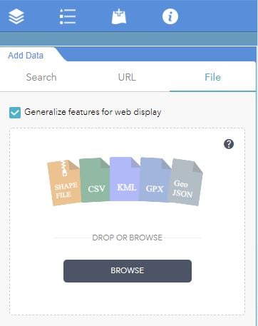 Screenshot of web appbuilder built map application add data widget with the generalize features for web display toggled on