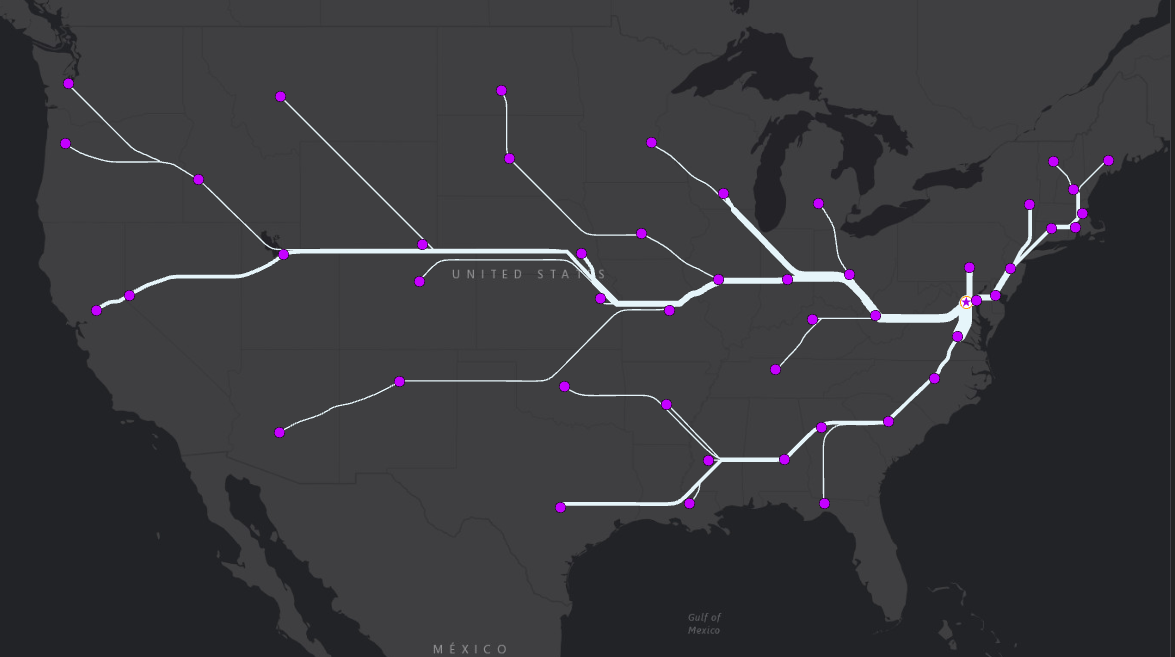 Figure 4: Output generated without specifying Impassable or Impedance Features. California and Nevada flow northward. Flow lines flow through intermediate state capitals