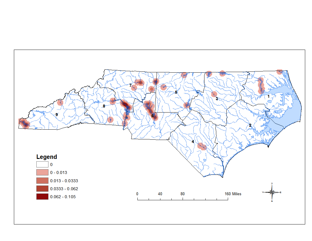 Example of kernel density overlaying rivers