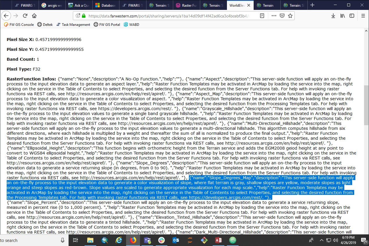 Screen shot of raster functions descriptions from rest page