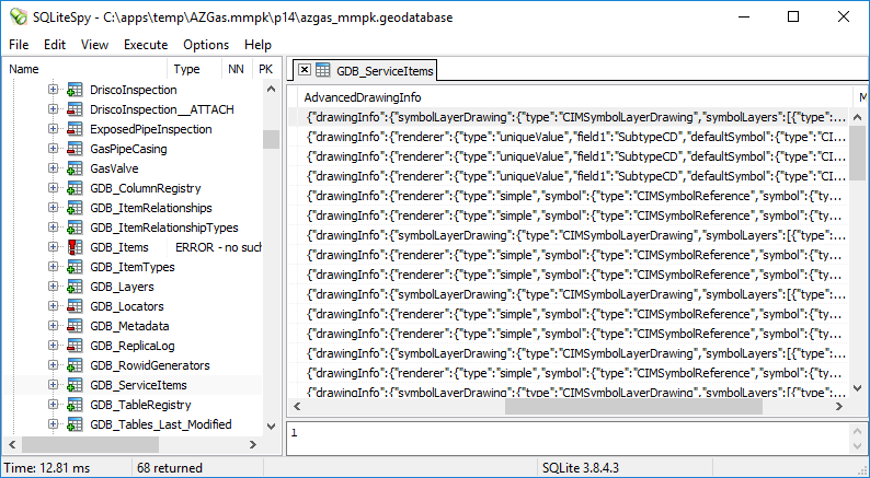 View of GDB_ServiceItems in SQLiteSpy