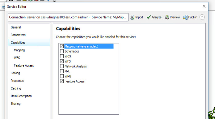 ArcMap Service Editor dialog box during publishing process.