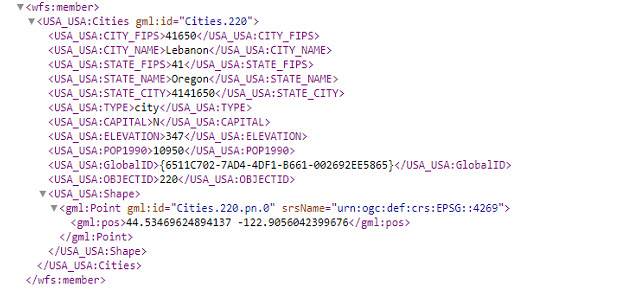 One entire feature returned from the WFS getFeatures request for Cities.