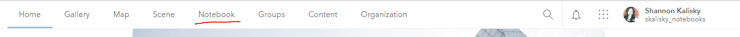 Image of the ArcGIS Notebooks ribbon option in ArcGIS Online top navigation.