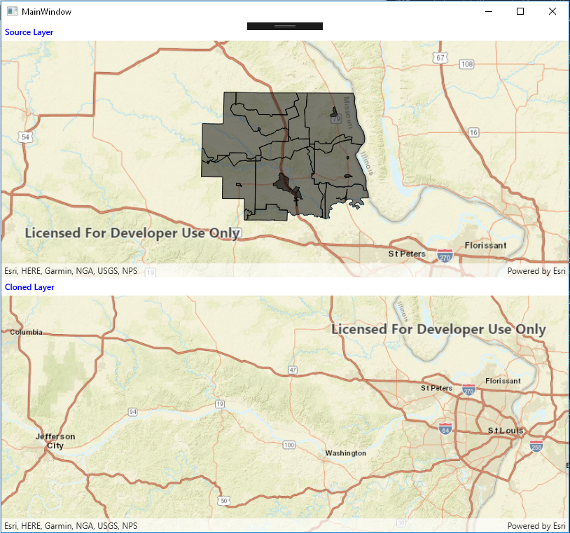 Source layer on the top map, cloned layer on the bottom map.