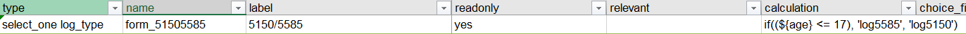 The form_51505585 field is configured to be read only and to calculate automatically based on the calculated age.