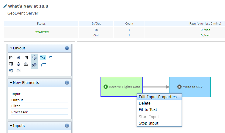 Start, stop, or edit input and output connectors while editing a GeoEvent Service in ArcGIS GeoEvent Server 10.8