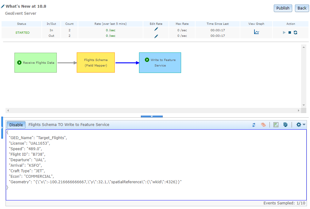 Verify the schema of processed GeoEvents with the GeoEvent Sampler at ArcGIS GeoEvent Server 10.8