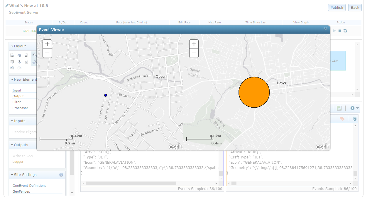 The Event Viewer can be used to display the geometry of sampled GeoEvents in ArcGIS GeoEvent Server 10.8.