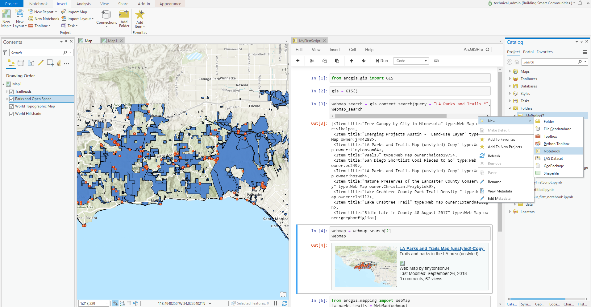 Notebook tab works side by side with Map tab in ArcGIS Pro