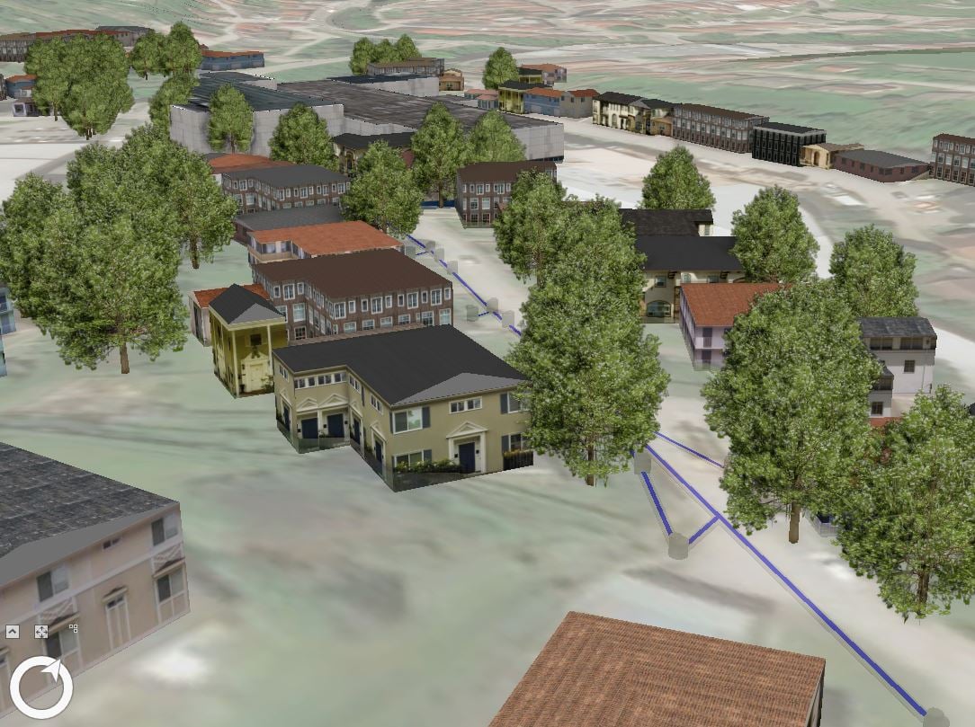 3D Scene in ArcGIS Pro with multipatch features set to height "On Ground"