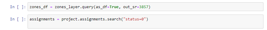 Code for creating a spatially enabled data frame from the zones layer and grabbing all of the unassigned assignments.
