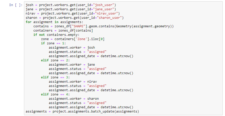 Code for assigning each worker to the trees that fall within the work zone they are responsible for.