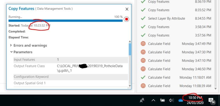 geoprocessing tool progress bar at 100%for 20 mins