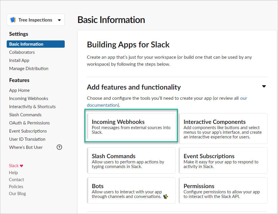 Basic Information page for Building Apps for Slack.