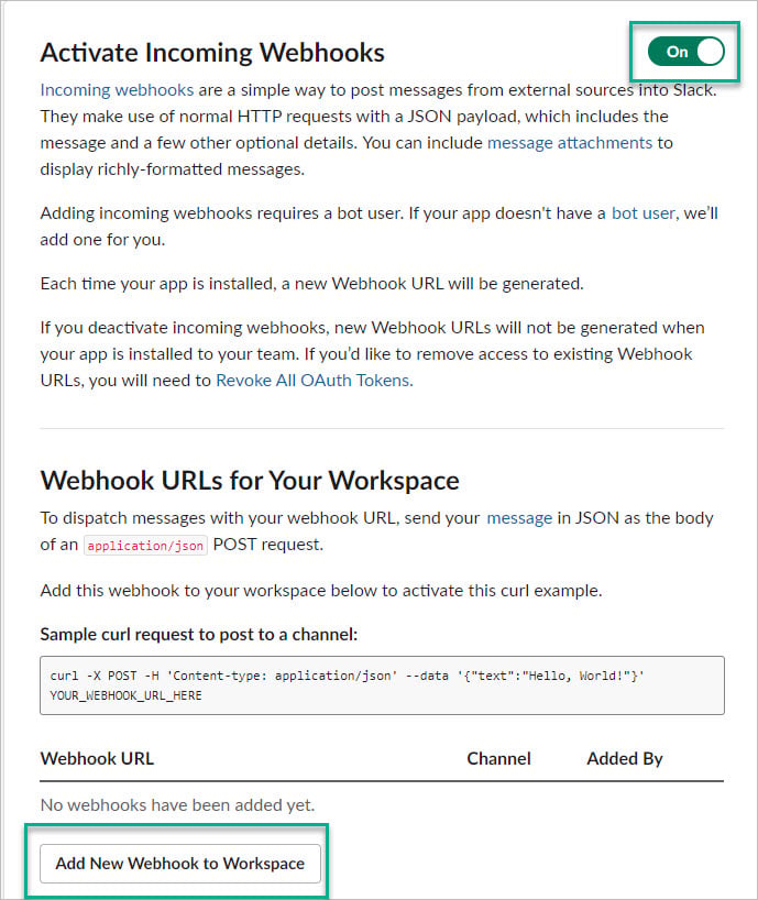 Web page for activating incoming webhooks.