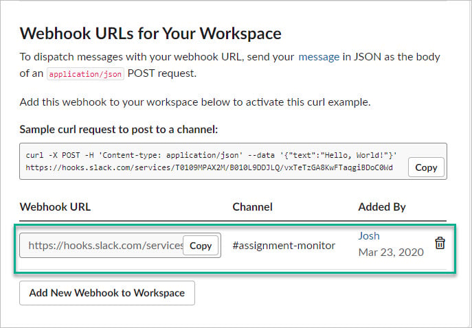 Incoming Webhooks page where the Webhook URL is located.