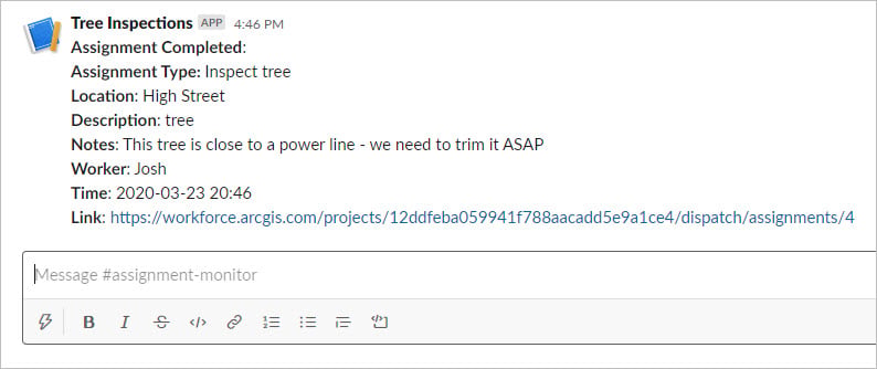 Assignment completion message in Slack.