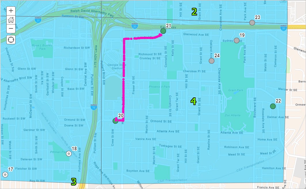 Sharon’s tracks and completed assignments displayed on a map.
