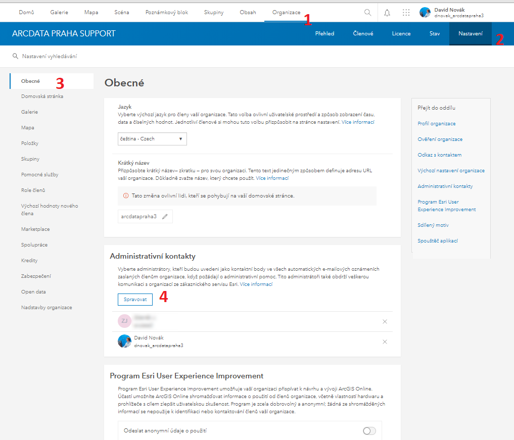 Ve Vaší organizaci běžte do Organizace > Nastavení > Obecné >Administrativní kontakty