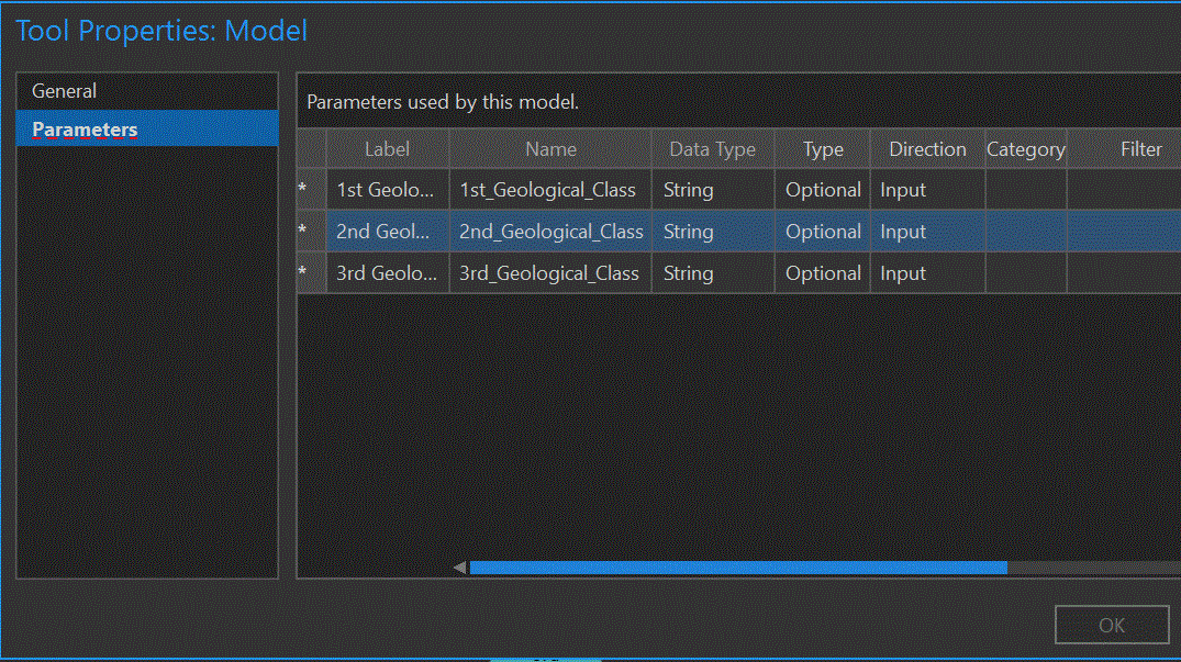 Tool Properties: Model, Parameters underlined in red and ok greyed out.