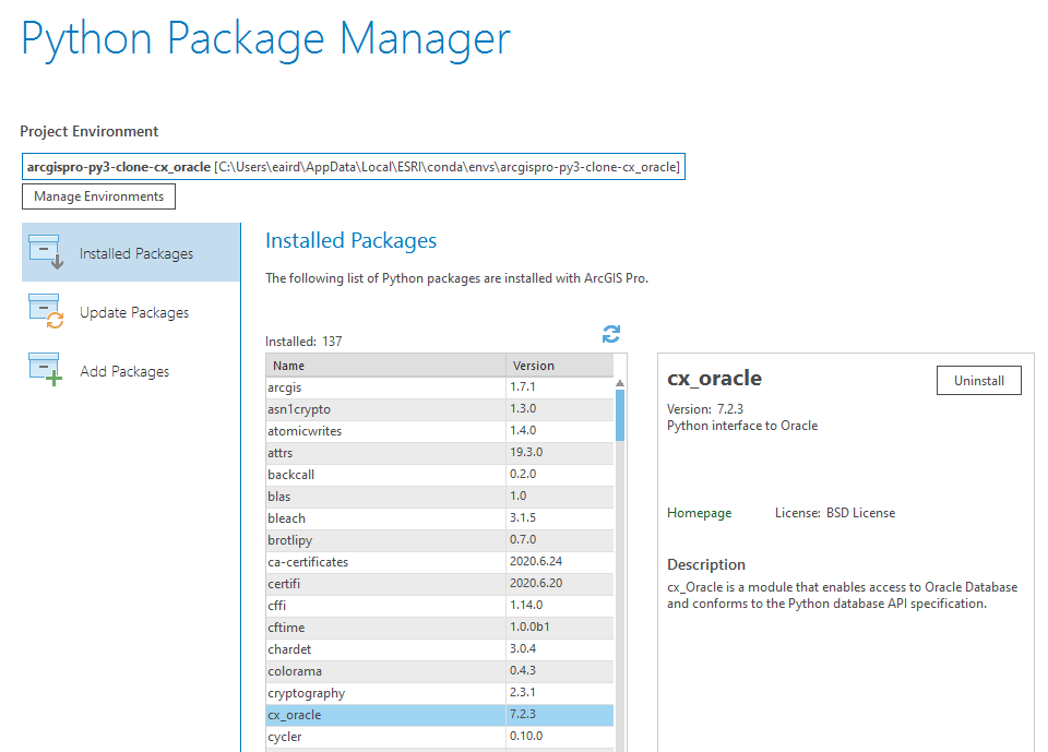 ArcGIS Pro Python Package Manager shows cx_oracle as installed.