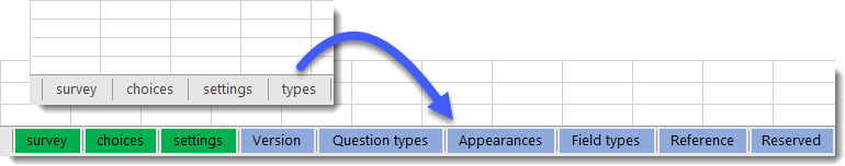 Excel worksheet tabs in the updated XLSForm templates