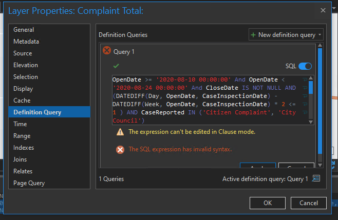 The expression cannot be edited in clause mode, invalid syntax