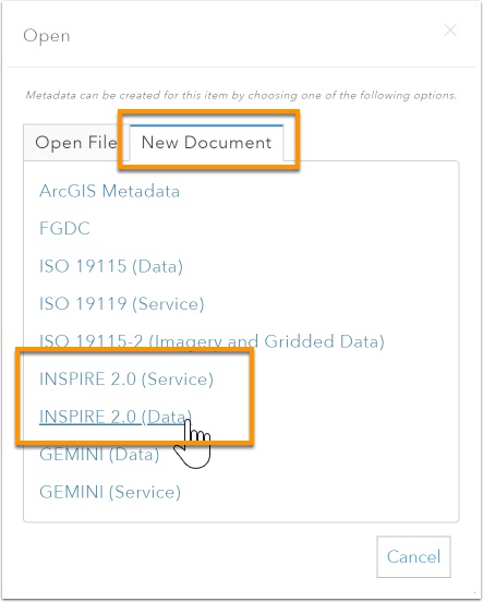 Choose to create INSPIRE 2.0 (Data) metadata