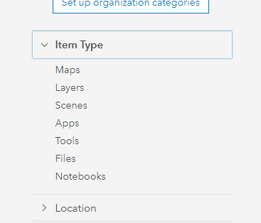 Item Type from ArcGIS Online, my content page under "Filters"