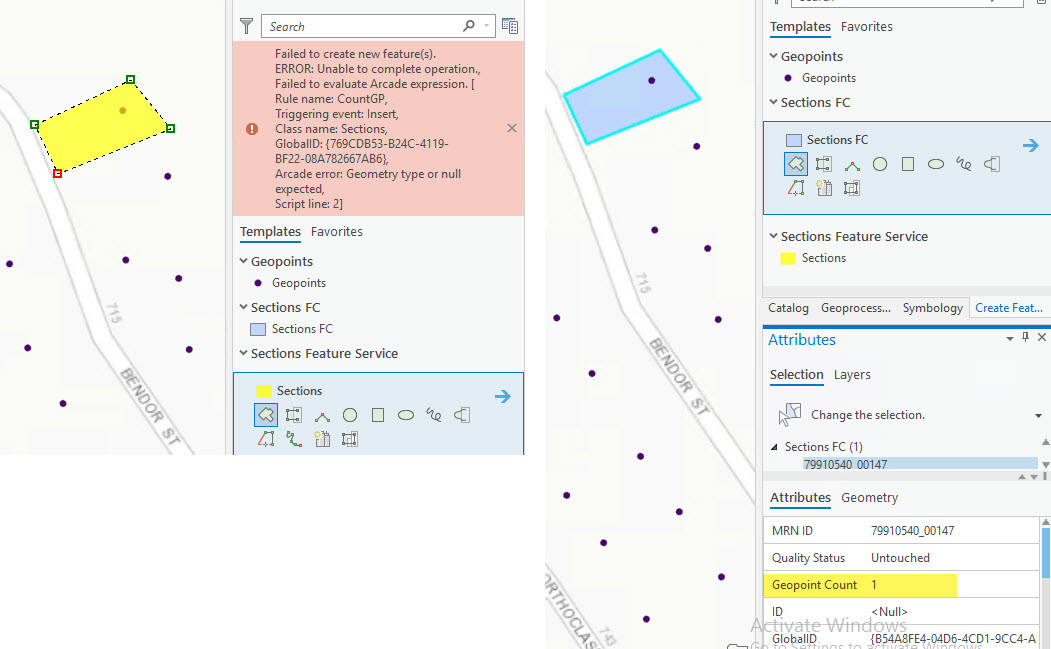 On the left, I attempt to add a polygon in ArcGIS Pro using the Feature Service.