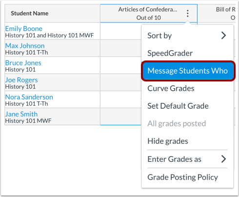 Sending messages from the gradebook